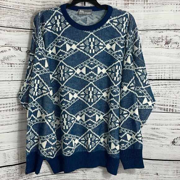 Vintage North country Eaton Sweater Mens XL knit geo print Wool Blend crew Neck - Picture 1 of 9